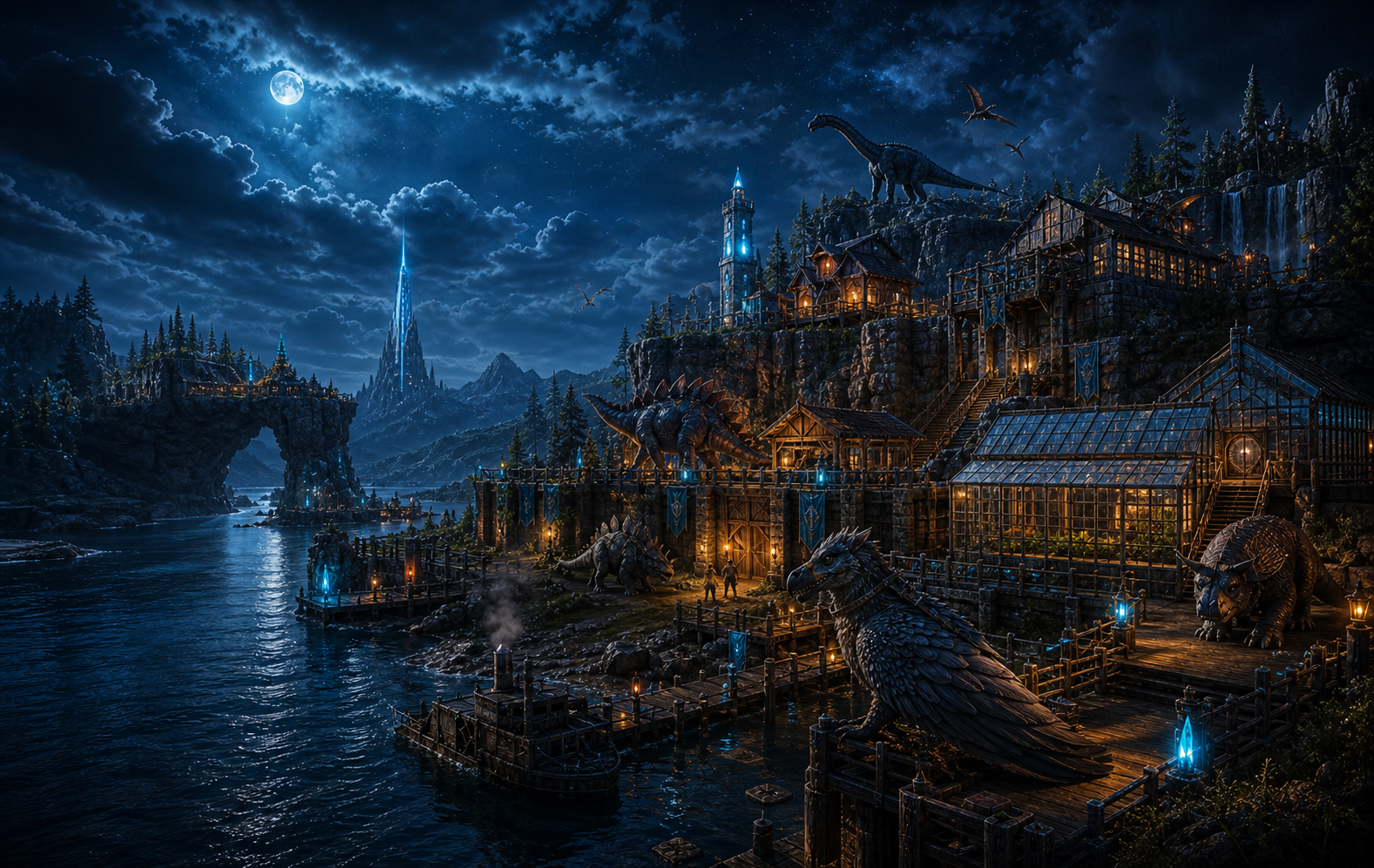 A thriving survivor settlement at blue hour